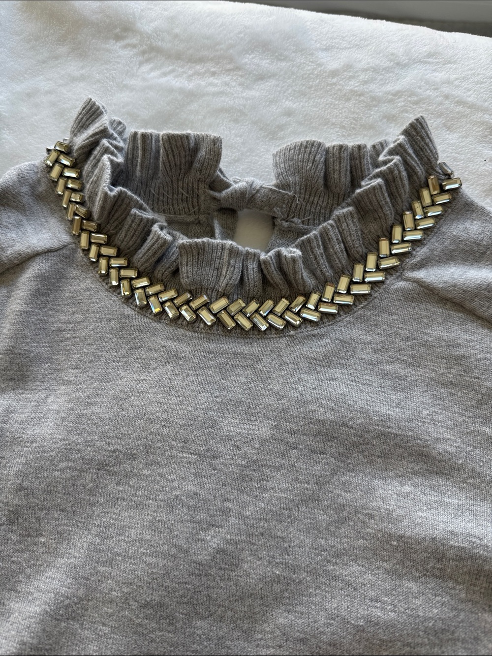 Talbots Gray Ruffle Neck Sweater with Rhinestone Accent - Picture 2 of 3